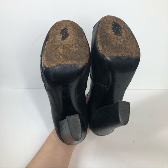 Chloe Black Leather Mary Jane Peep Toe High Heels Pumps Size 37 1/2 - Picture 7 of 9